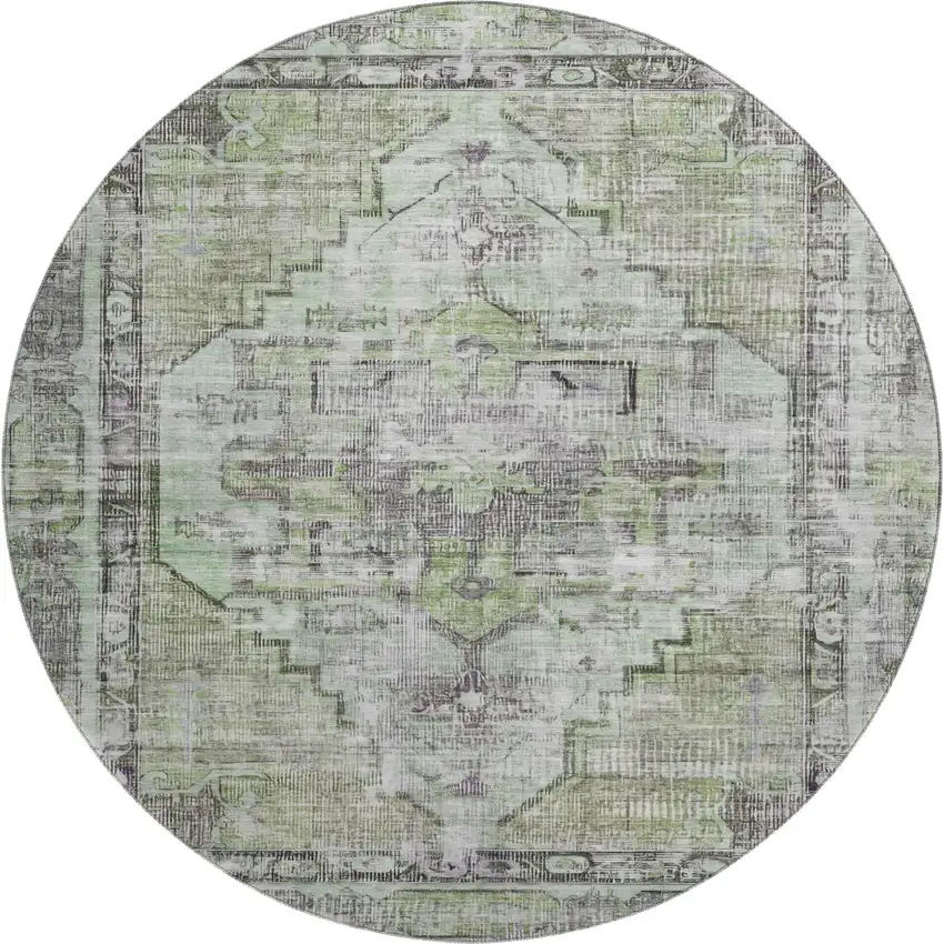 8' Artichoke Green Charcoal And Ivory Oriental Washable Round Rug With UV Protection Photo 1