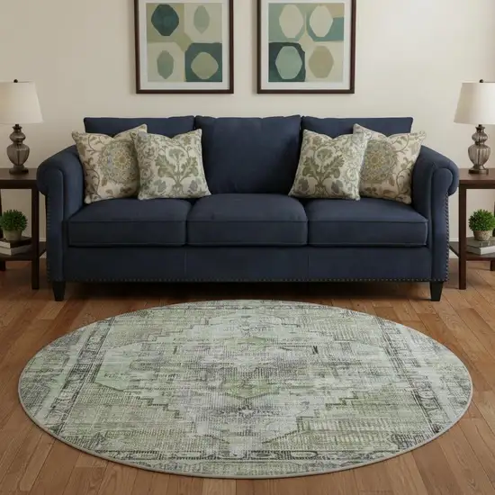 8' Artichoke Green Charcoal And Ivory Oriental Washable Round Rug With UV Protection Photo 2