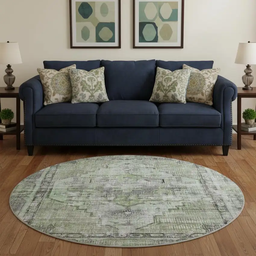 8' Artichoke Green Charcoal And Ivory Oriental Washable Round Rug With UV Protection Photo 2