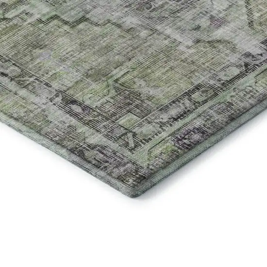 8' Artichoke Green Charcoal And Ivory Oriental Washable Round Rug With UV Protection Photo 5