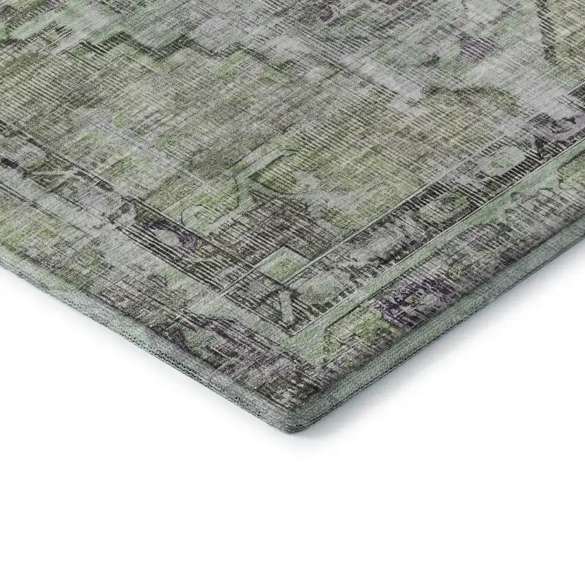 8' Artichoke Green Charcoal And Ivory Oriental Washable Round Rug With UV Protection Photo 5