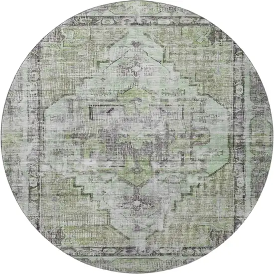 8' Artichoke Green Charcoal And Ivory Oriental Washable Round Rug With UV Protection Photo 2