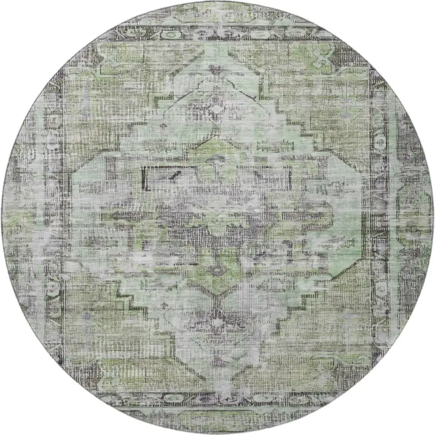 8' Artichoke Green Charcoal And Ivory Oriental Washable Round Rug With UV Protection Photo 2