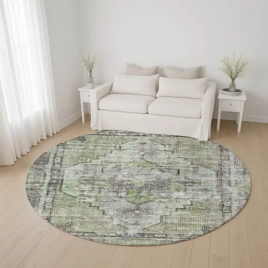 8' Artichoke Green Charcoal And Ivory Oriental Washable Round Rug With UV Protection Photo 3