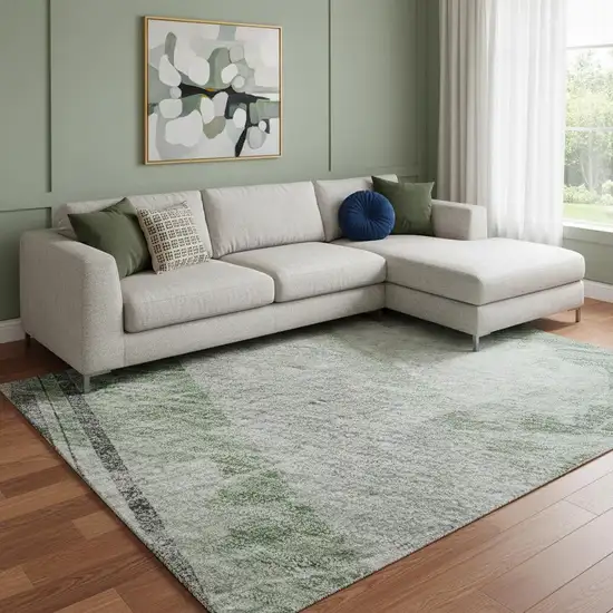 8' Artichoke Green Charcoal And Ivory Striped Washable Area Rug With UV Protection Photo 2