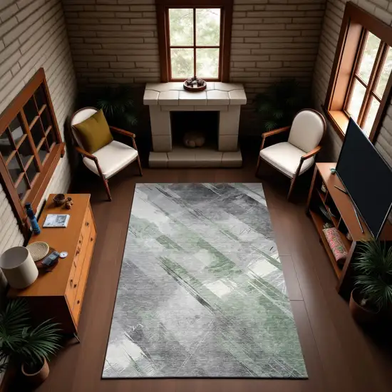 8' Artichoke Green Charcoal And Ivory Striped Washable Area Rug With UV Protection Photo 3