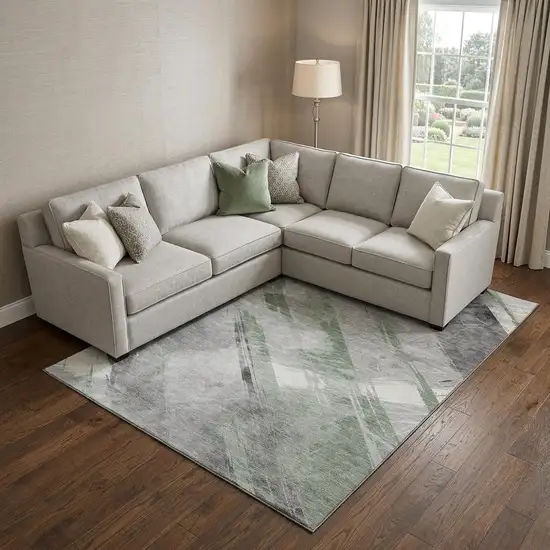 8' Artichoke Green Charcoal And Ivory Striped Washable Area Rug With UV Protection Photo 1