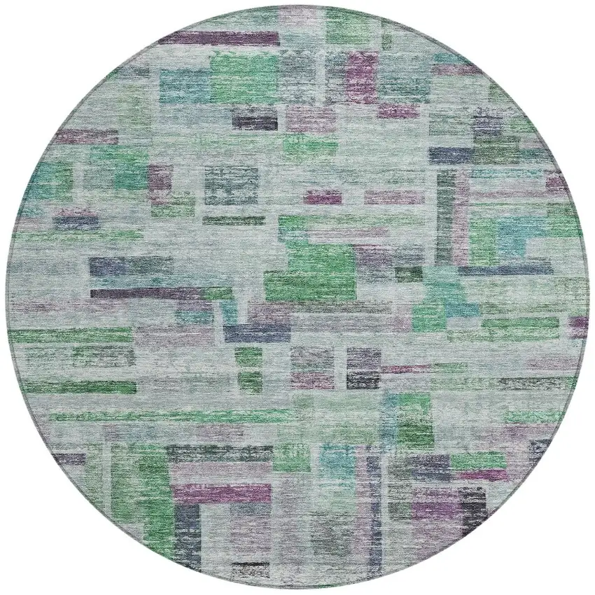 8' Artichoke Green Charcoal And Purple Round Striped Washable Indoor Outdoor Area Rug Photo 6