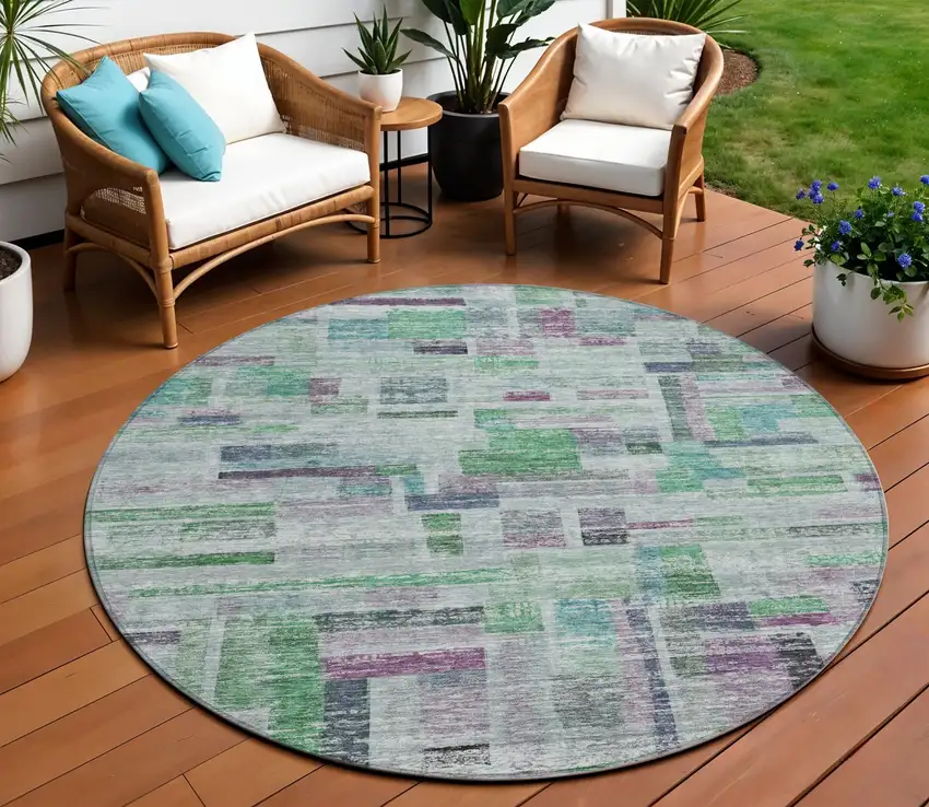 8' Artichoke Green Charcoal And Purple Round Striped Washable Indoor Outdoor Area Rug Photo 1
