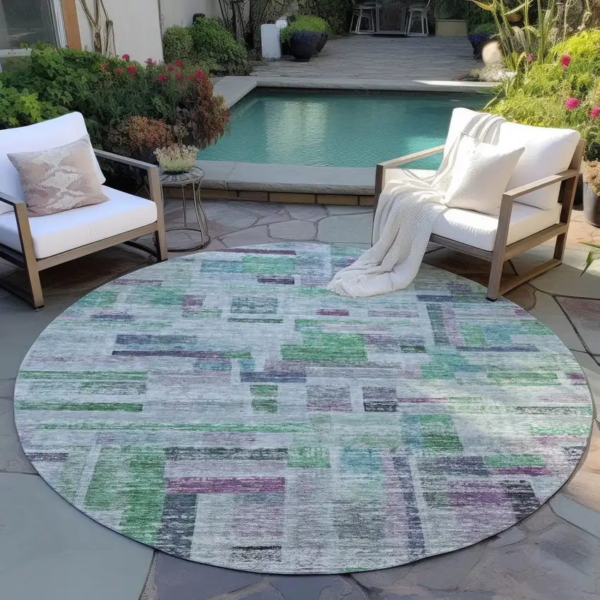 8' Artichoke Green Charcoal And Purple Round Striped Washable Indoor Outdoor Area Rug Photo 7