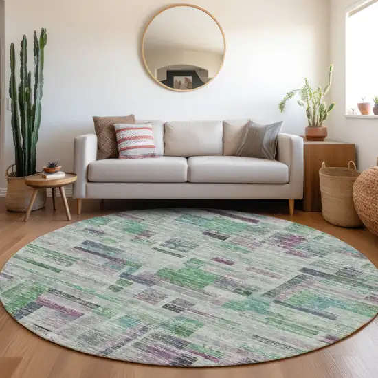 8' Artichoke Green Charcoal And Purple Round Striped Washable Indoor Outdoor Area Rug Photo 8