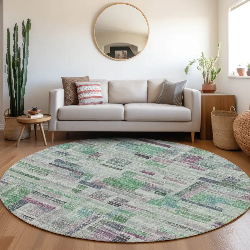 8' Artichoke Green Charcoal And Purple Round Striped Washable Indoor Outdoor Area Rug Photo 8