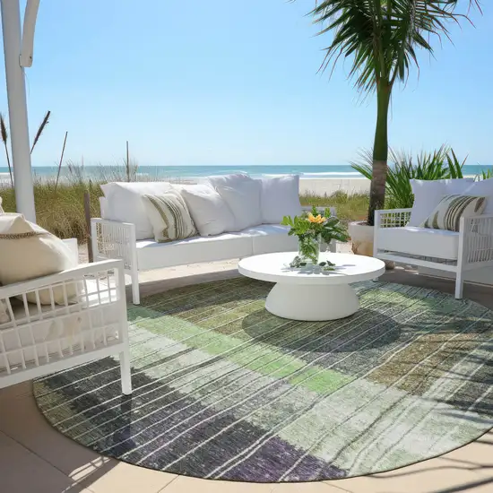 8' Artichoke Green Charcoal And Purple Round Striped Washable Indoor Outdoor Area Rug Photo 5