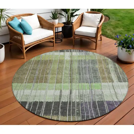 8' Artichoke Green Charcoal And Purple Round Striped Washable Indoor Outdoor Area Rug Photo 2