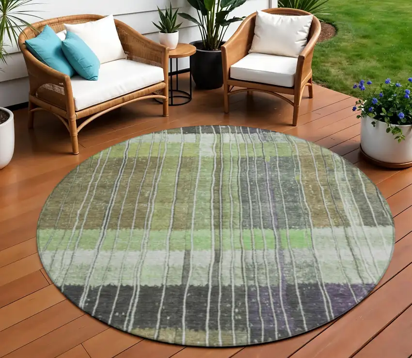 8' Artichoke Green Charcoal And Purple Round Striped Washable Indoor Outdoor Area Rug Photo 2