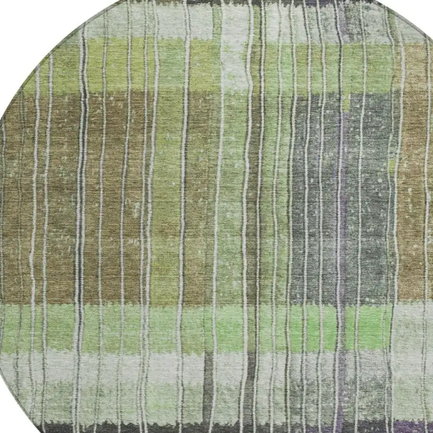 8' Artichoke Green Charcoal And Purple Round Striped Washable Indoor Outdoor Area Rug Photo 4