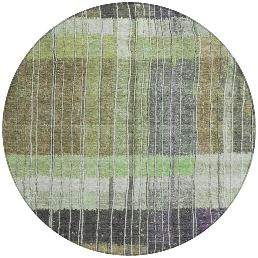 8' Artichoke Green Charcoal And Purple Round Striped Washable Indoor Outdoor Area Rug Photo 3