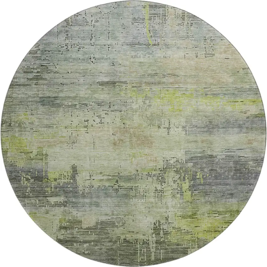 8' Artichoke Green Charcoal And Silver Abstract Washable Round Rug With UV Protection Photo 1