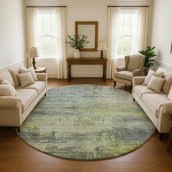 8' Artichoke Green Charcoal And Silver Abstract Washable Round Rug With UV Protection Photo 4