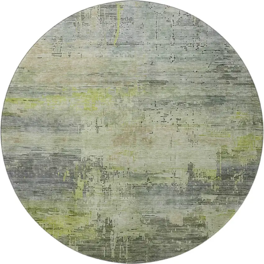 8' Artichoke Green Charcoal And Silver Abstract Washable Round Rug With UV Protection Photo 3