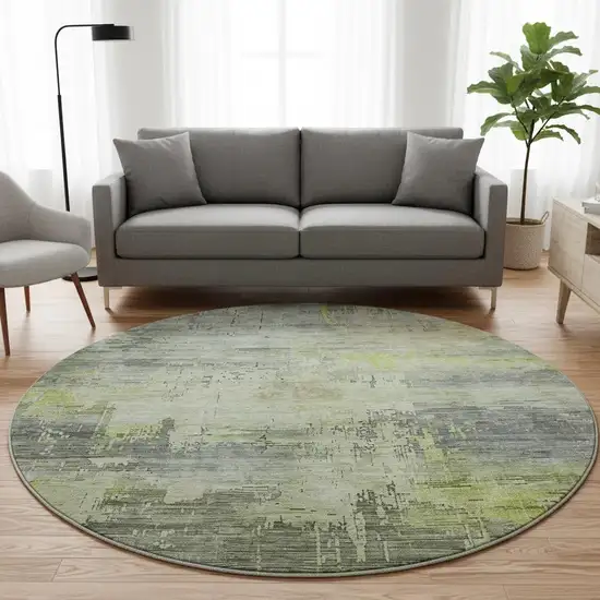 8' Artichoke Green Charcoal And Silver Abstract Washable Round Rug With UV Protection Photo 2