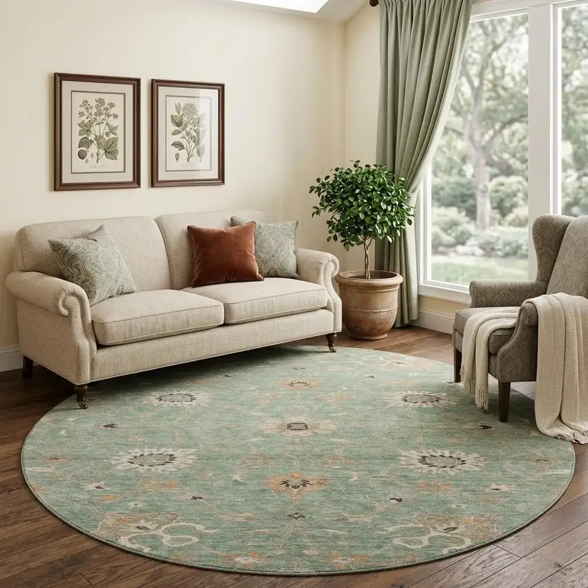 8' Artichoke Green Copper And Beige Floral Washable Round Rug With UV Protection Photo 1
