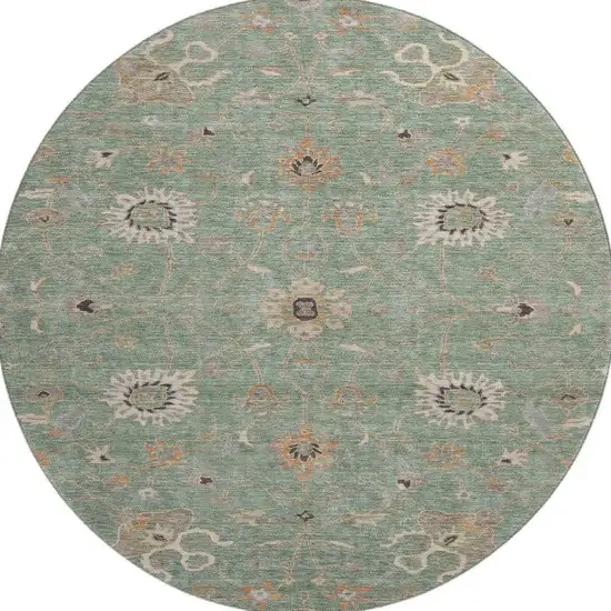 8' Artichoke Green Copper And Beige Floral Washable Round Rug With UV Protection Photo 3