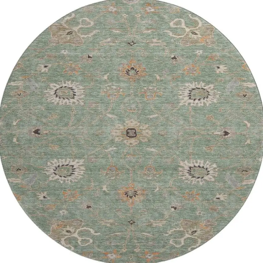 8' Artichoke Green Copper And Beige Floral Washable Round Rug With UV Protection Photo 3