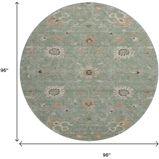 8' Artichoke Green Copper And Beige Floral Washable Round Rug With UV Protection Photo 9