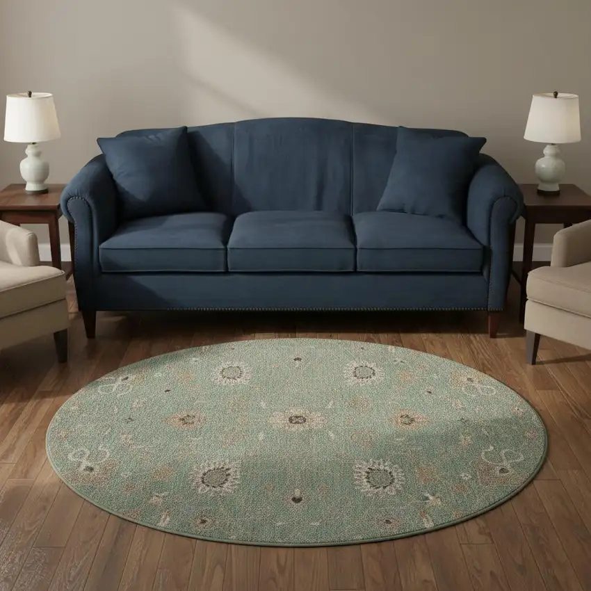 8' Artichoke Green Copper And Beige Floral Washable Round Rug With UV Protection Photo 2