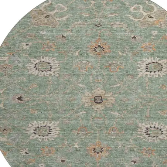 8' Artichoke Green Copper And Beige Floral Washable Round Rug With UV Protection Photo 2