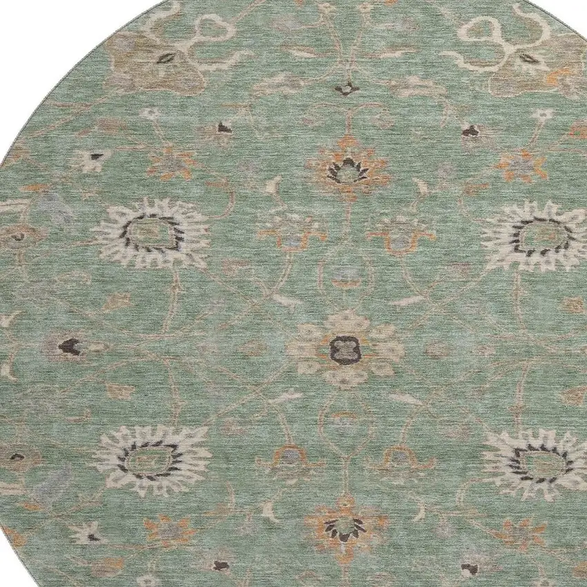 8' Artichoke Green Copper And Beige Floral Washable Round Rug With UV Protection Photo 2