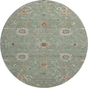 Photo of 8' Artichoke Green Copper And Beige Floral Washable Round Rug With UV Protection