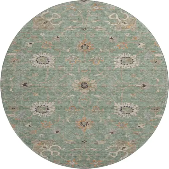 8' Artichoke Green Copper And Beige Floral Washable Round Rug With UV Protection Photo 1