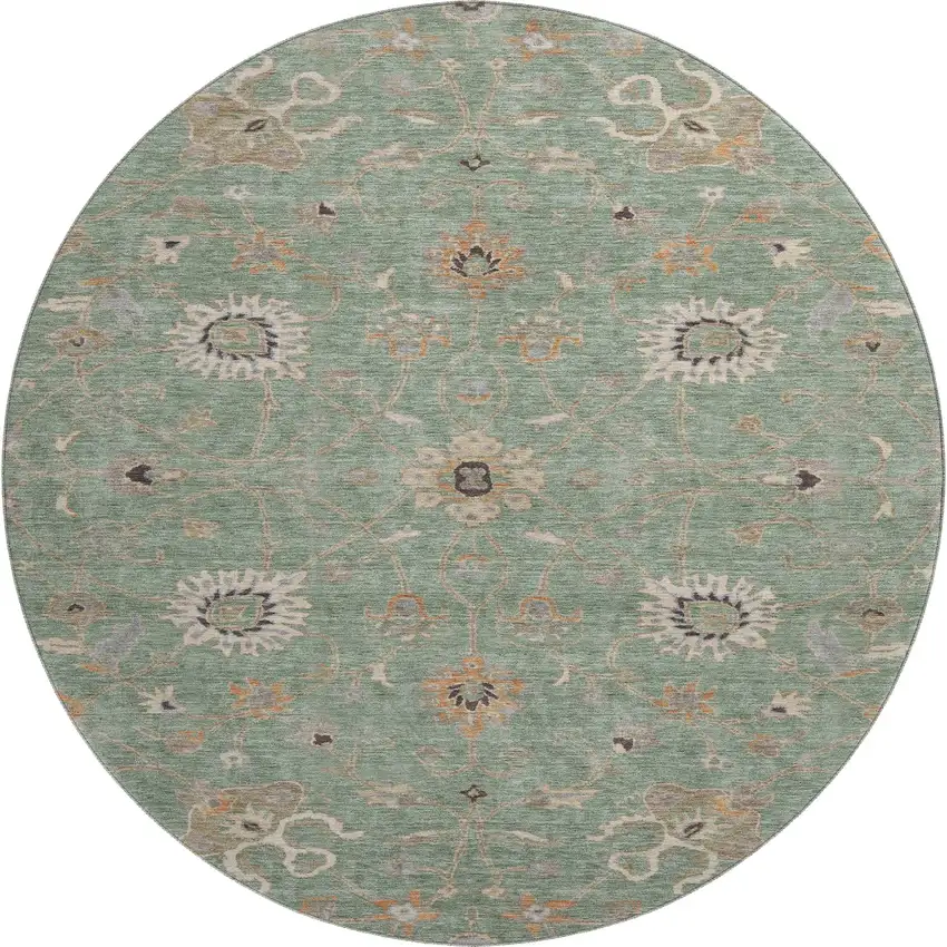 8' Artichoke Green Copper And Beige Floral Washable Round Rug With UV Protection Photo 1