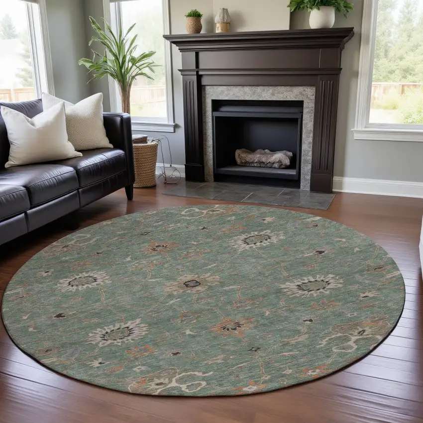 8' Artichoke Green Copper And Beige Floral Washable Round Rug With UV Protection Photo 4