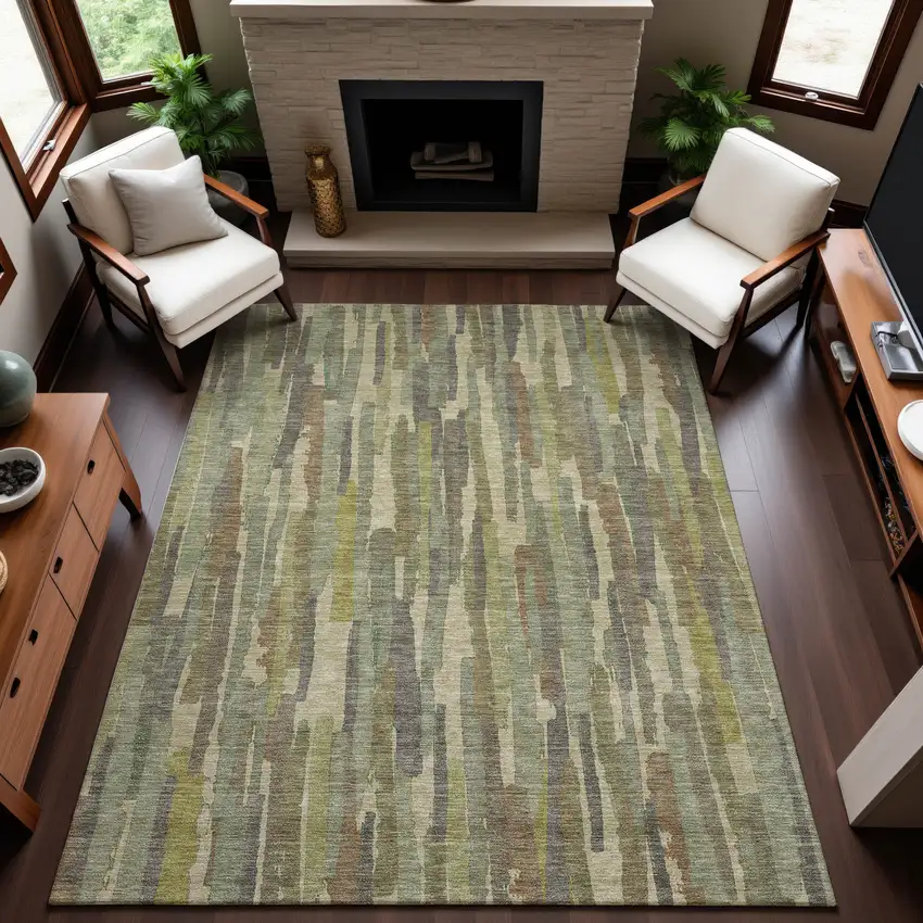 8' Artichoke Green Copper And Beige Striped Washable Area Rug With UV Protection Photo 4