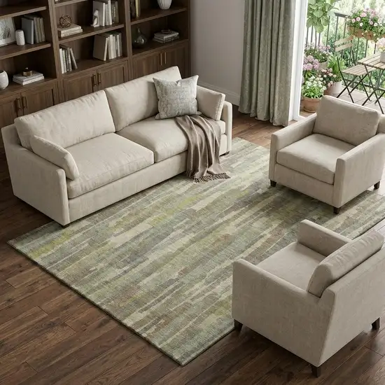 8' Artichoke Green Copper And Beige Striped Washable Area Rug With UV Protection Photo 1