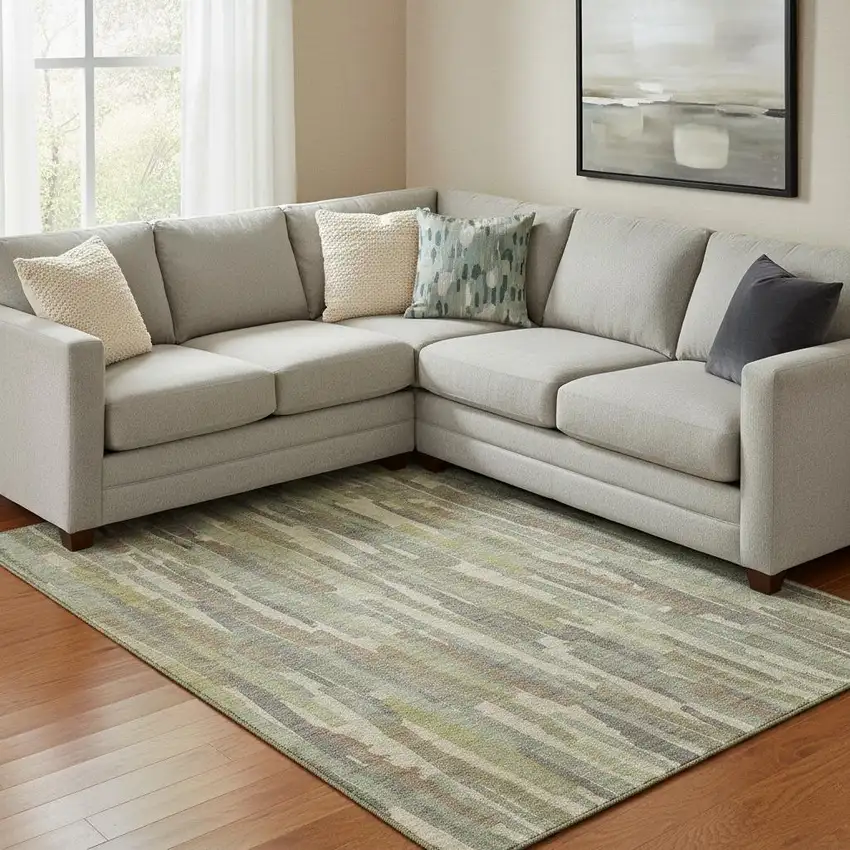 8' Artichoke Green Copper And Beige Striped Washable Area Rug With UV Protection Photo 2