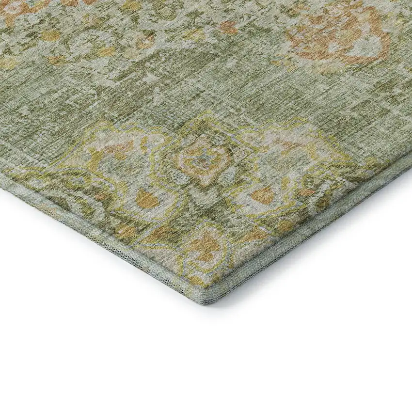 8' Artichoke Green Copper And Gold Floral Washable Area Rug With UV Protection Photo 7