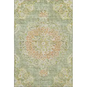 Photo of 8' Artichoke Green Copper And Gold Floral Washable Area Rug With UV Protection