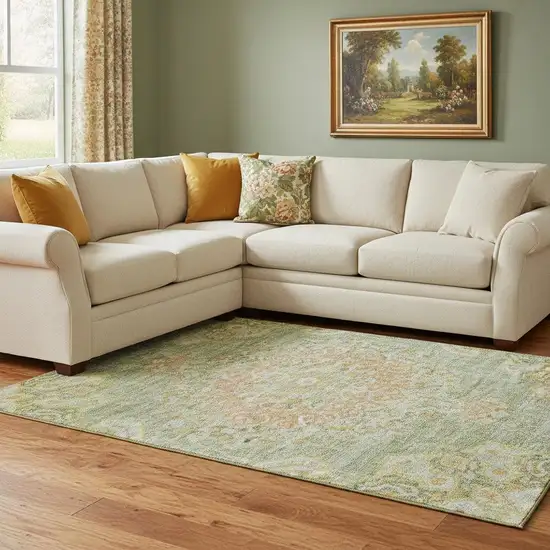 8' Artichoke Green Copper And Gold Floral Washable Area Rug With UV Protection Photo 2