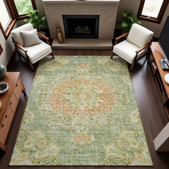 8' Artichoke Green Copper And Gold Floral Washable Area Rug With UV Protection Photo 5