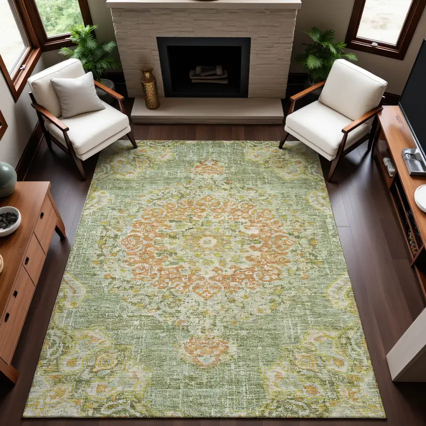 8' Artichoke Green Copper And Gold Floral Washable Area Rug With UV Protection Photo 5