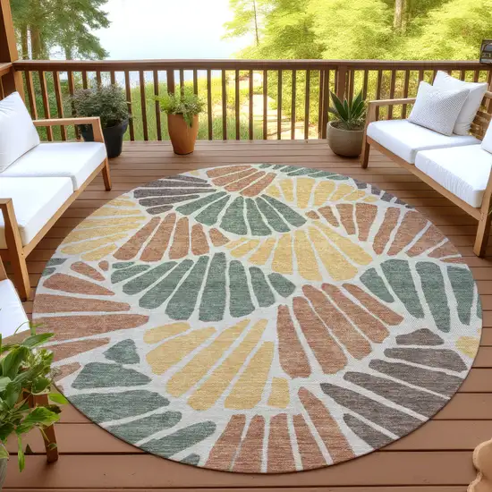 8' Artichoke Green Copper And Gold Round Floral Washable Indoor Outdoor Area Rug Photo 4
