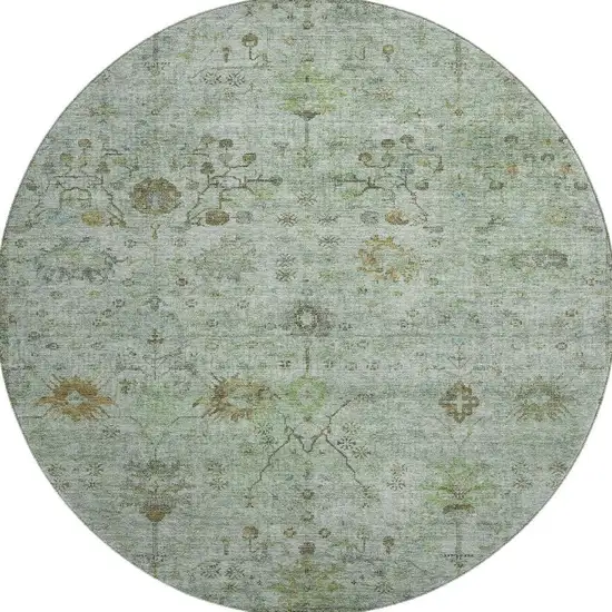 8' Artichoke Green Copper And Gray Oriental Washable Round Rug With UV Protection Photo 4