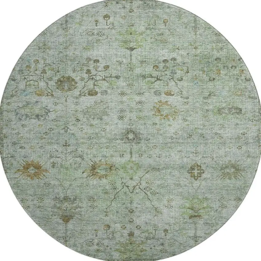 8' Artichoke Green Copper And Gray Oriental Washable Round Rug With UV Protection Photo 4