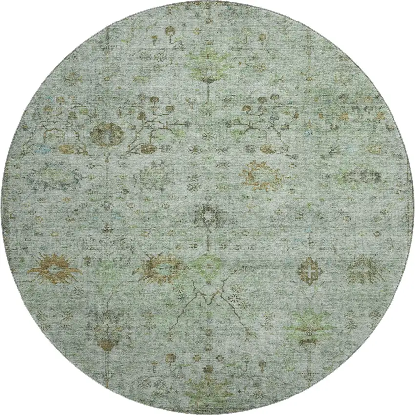 8' Artichoke Green Copper And Gray Oriental Washable Round Rug With UV Protection Photo 1