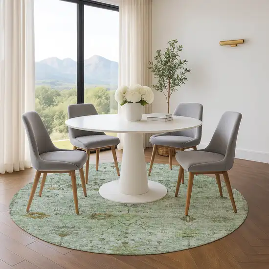 8' Artichoke Green Copper And Gray Oriental Washable Round Rug With UV Protection Photo 5