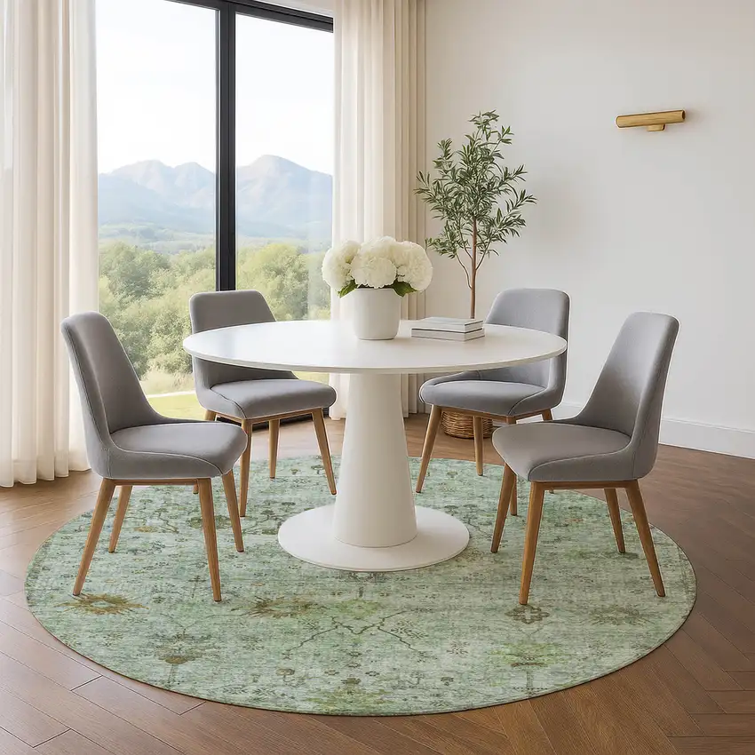 8' Artichoke Green Copper And Gray Oriental Washable Round Rug With UV Protection Photo 5
